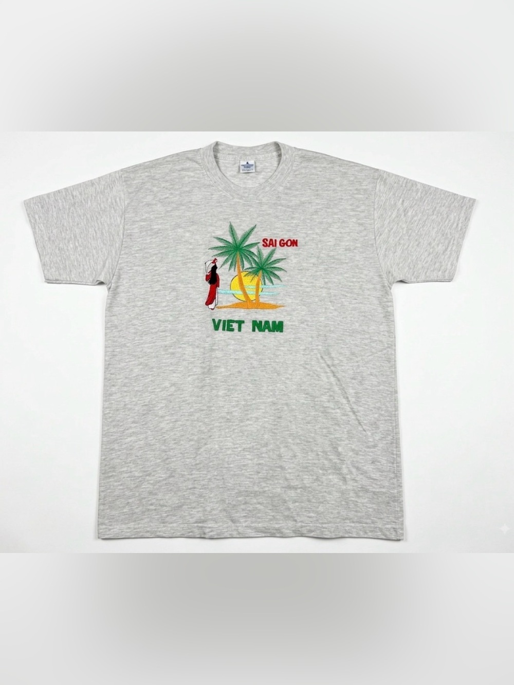 Vintage Sai Gon Viet Nam Graphic T-Shirt Mens XXL Gray Embroidered Palm Tree